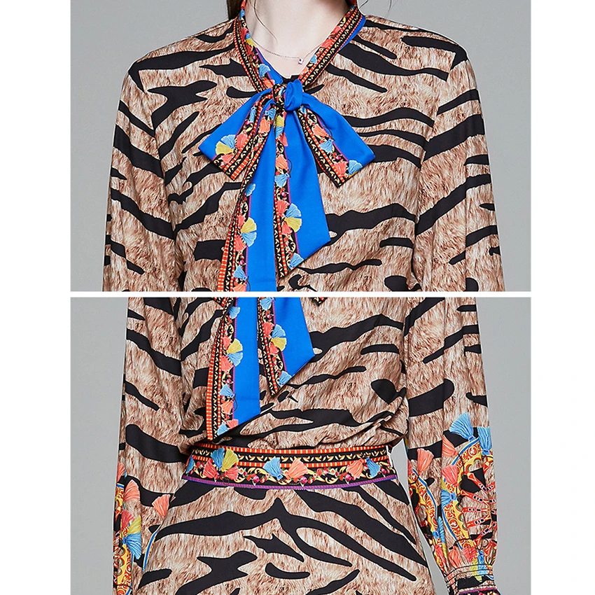 

2020 Spring Summer Two Piece Set Women Leopard Vintage Runway 2 Piece Skirt Sets Long Sleeve Blouse Tops Skirt Suits