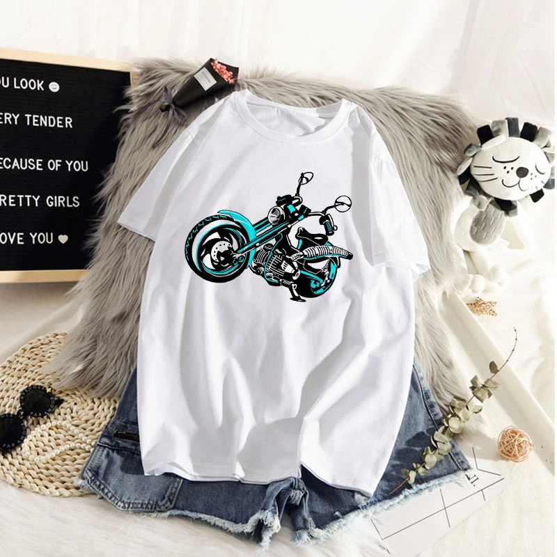 

Hand painted motorcycle Print T shirt Women Fashion Tshirt O neck Short Sleeve Harajuku T shirt White Tops Female Tops