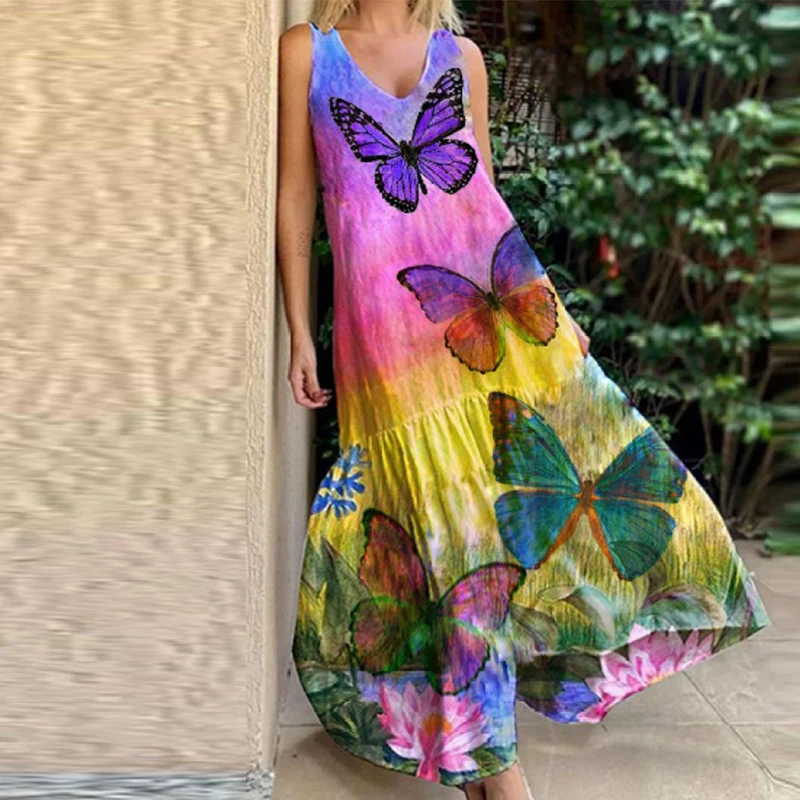 

Summer Sleeveless Loose Beach Dress Women Fashion Retro Colorful Butterfly Print Long Dress Lady Elegant Pleated Party Dresses