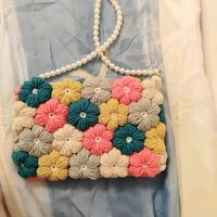 textile womens diagonal bag new creative pearl chain shoulder bag hand woven wool hook woven puff flower bag