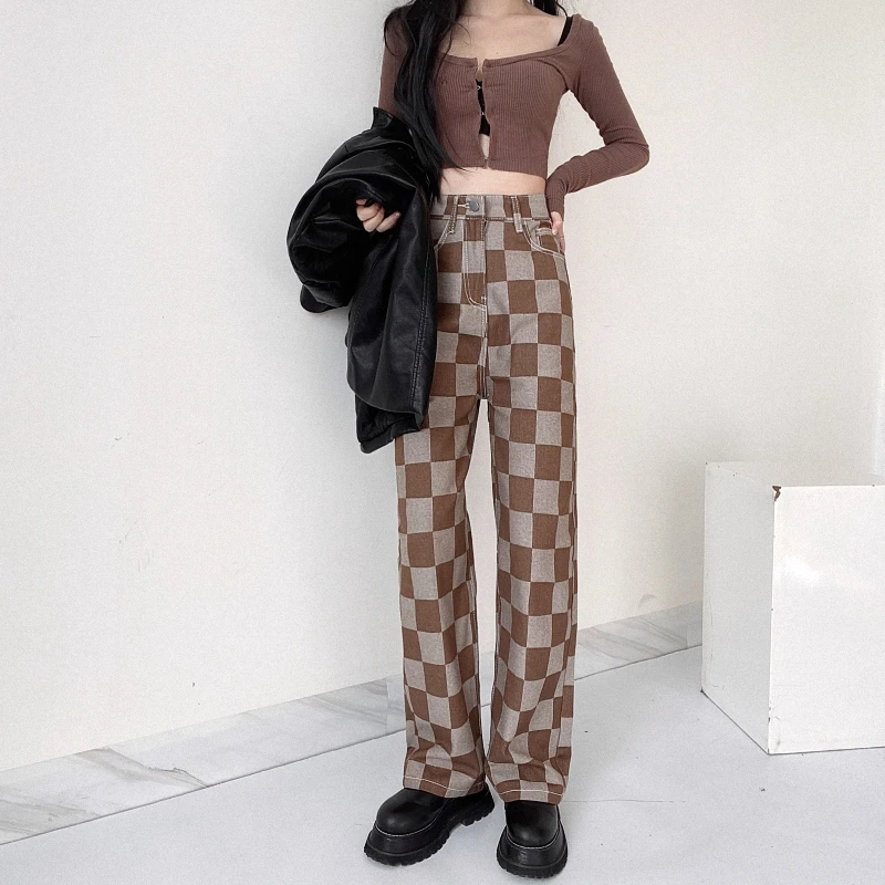 

Индивидуальные джинсовые брюки в стиле Харадзюку, ретро модные клетчатые джинсы в клетку, прямые свободные ковбойские брюки с высокой тали...