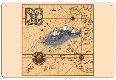 

Christopher Colombus 1436-1506 - Trans-Atlantic Map Pictorial Map by Lucien Boucher c.1927 Metal Tin Sign
