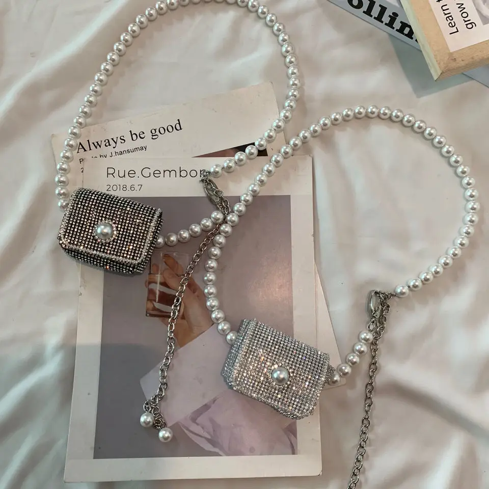 

2021 New Women Pearl Chain Small Bag Women's Sparkling Diamond Mini Slant Cross Bag Shoulder personalized Bags For Women