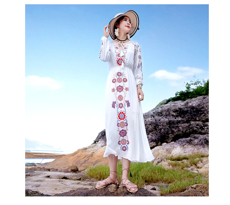 

Ethnic dress embroidered long sleeve Bohemian skirt Sanya beach skirt