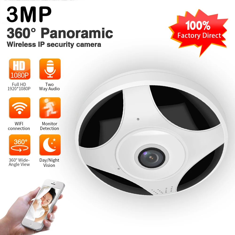 3 Мп Wi Fi IP 360 панорамная камера рыбий глаз HD 1080P Беспроводная Мини P2P ИК Ночное