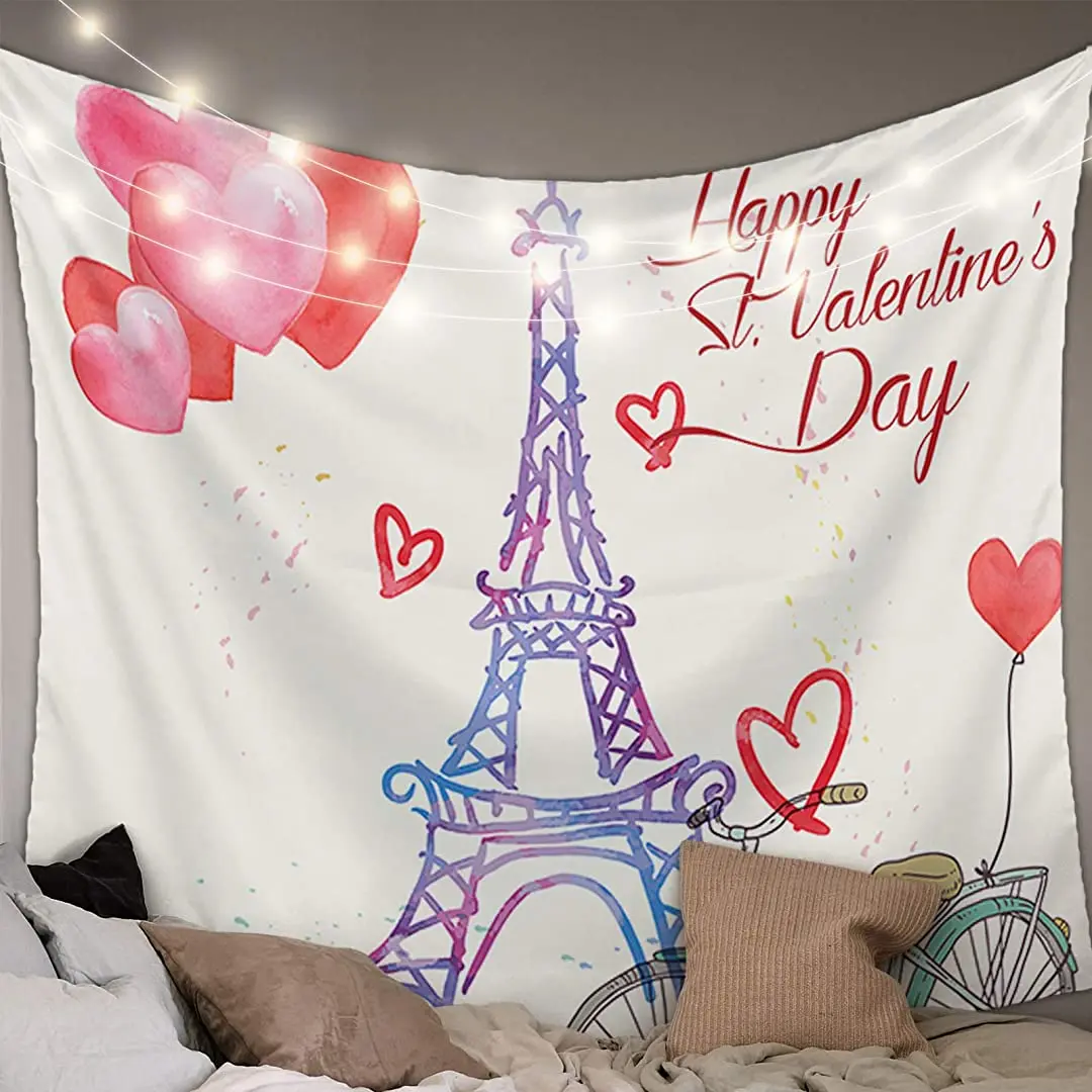 

MuswannaA Wall Hanging Bedding Tapestry Happy Valentine's Day Dreamy Paris Tower Bike Gouache Style Tapestry Home Wall Decor