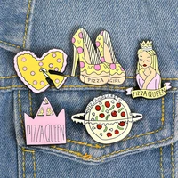 pizza queen cartoon cute girl pink high heel heart crown enamel brooches button metal badge jewelry jackets backpack shirt pin