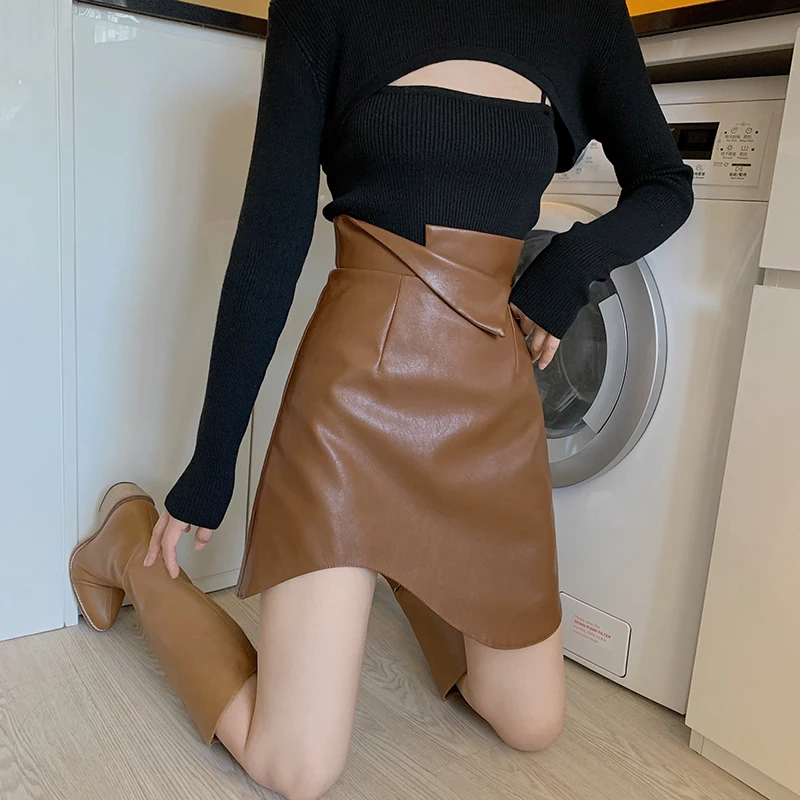 Искусственная кожа Женская мини юбка с завышенной талией карандаш из