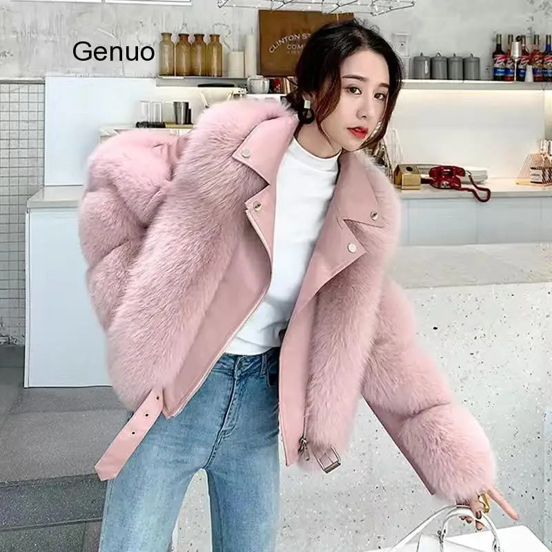High Quality Furry Cropped Faux Fur and Leather Patchwork Jacket Women Short Coat Fake Fox Outwear Winter Overcoat | Женская одежда