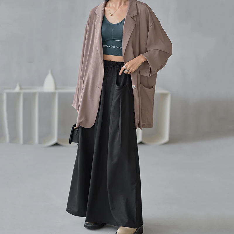 

[EAM] High Elastic Waist Khaki Casual Long Wide Leg Trousers New Loose Fit Pants Women Fashion Tide Spring Summer 2021 1DD9395