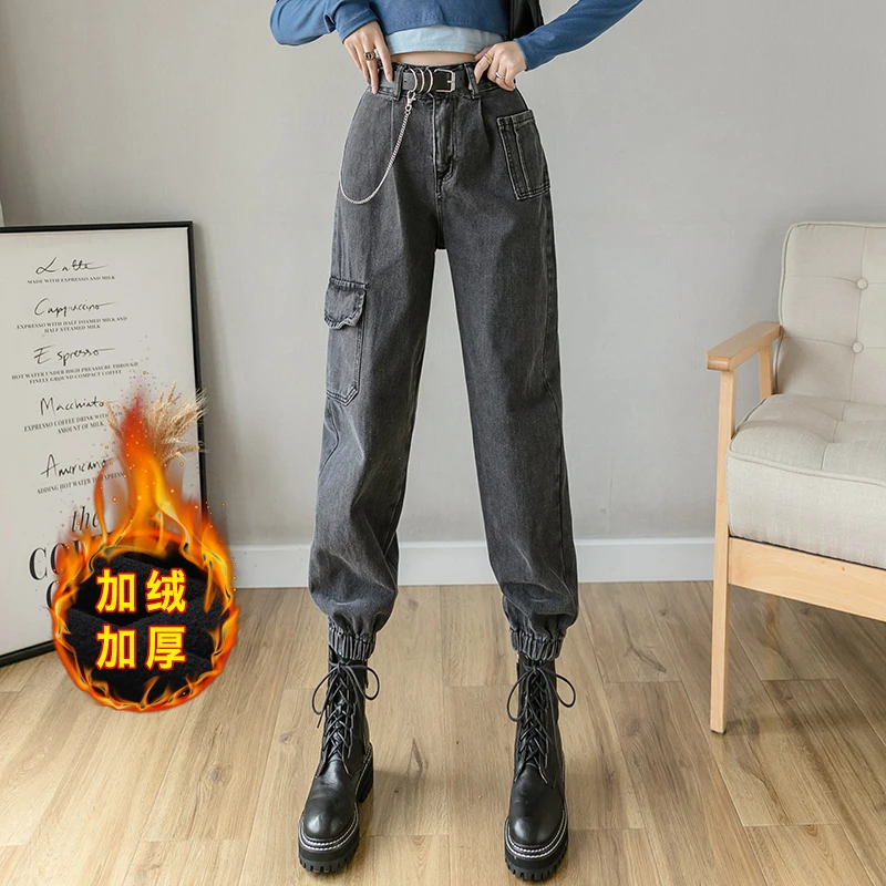 

Джинсы-карго с флисовой подкладкой, женские свободные шаровары Xuan Ya с эластичной завышенной талией, модные утепленные Папины брюки с завязк...