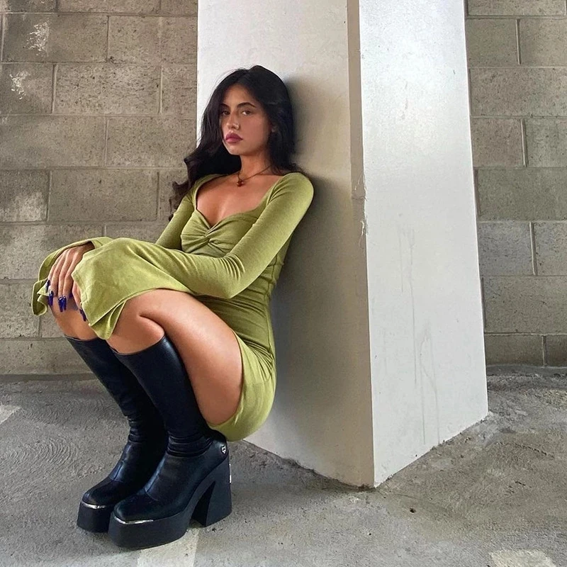 

Осень 2021, женское облегающее платье с расклешенным рукавом, женские повседневные Элегантные платья с V-образным вырезом и длинным рукавом д...