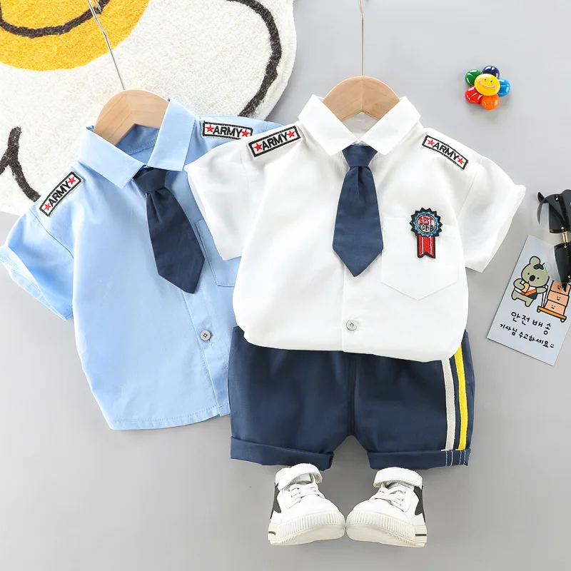 

Summer Kids Baby Girls Boys Clothing Set Baby Casual Fashion Active Patchwork T-shirt with Tie+shorts 2-piece Toddler Clothes