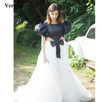 verngo korea a line black and white wedding dresses puff short sleeves pearl jewel satin tulle bow bridal party gown reception