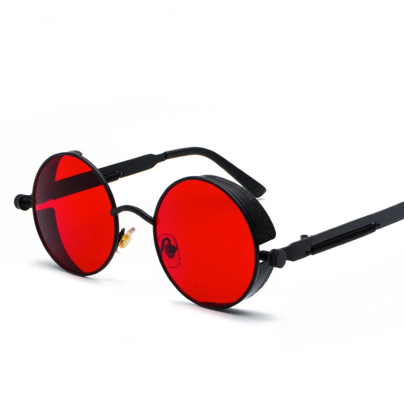 Black Red Стимпанк Круглые Солнцезащитные очки для мужчин и женщин, модные брендовые дизайнерские ретро винтажные солнечные очки, качественные UV400 металлические очки - Цвет линз: Black Red