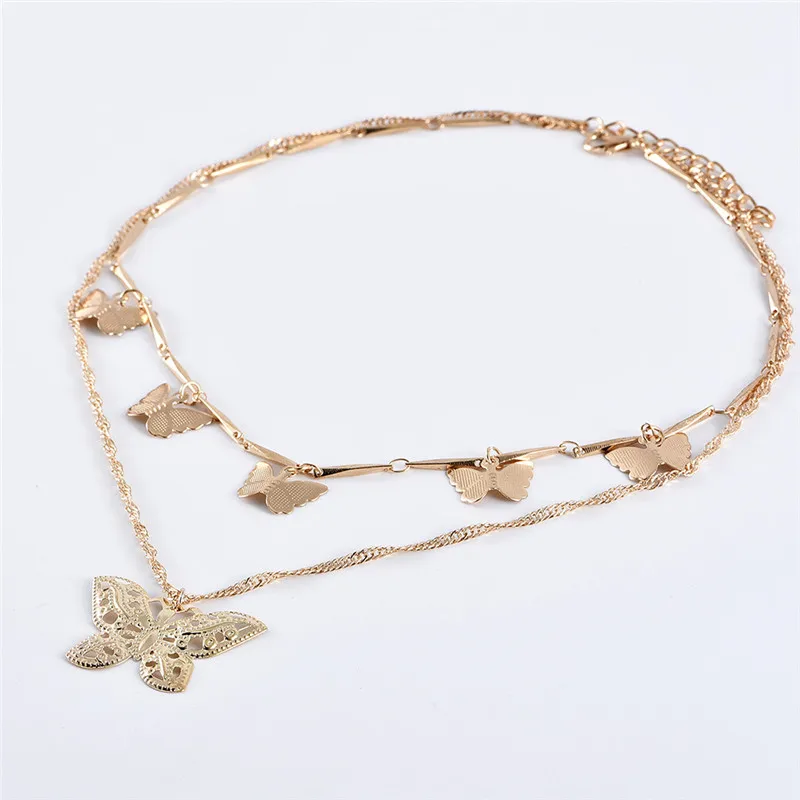 Модное ожерелье-чокер с бабочкой женское Двухслойное колье золотистого цвета