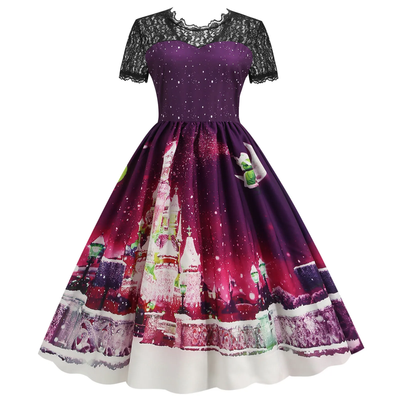 

Женское винтажное Платье с коротким рукавом, кружевное Платье А-силуэта с принтом снеговика и рождественской вечеринки