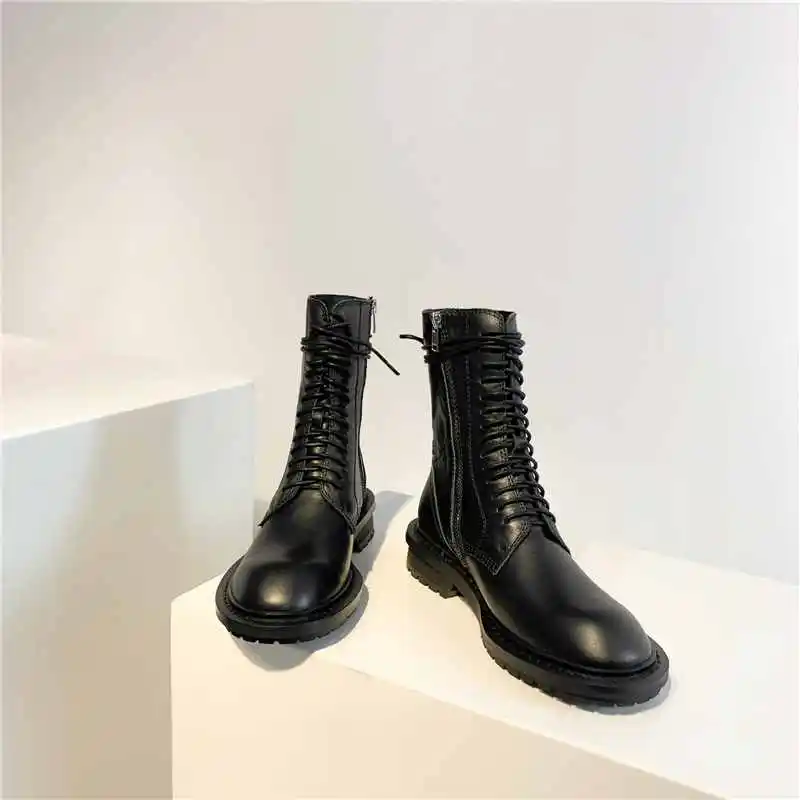 spesifikasi Lenkisen Panas Merek Fashion Kulit Asli Boots Round Toe Med Sepatu Hak Musim Dingin Sederhana Renda Hitam Atau Netral Mengenai Saham Hangat Pertengahan Betis Boots L68