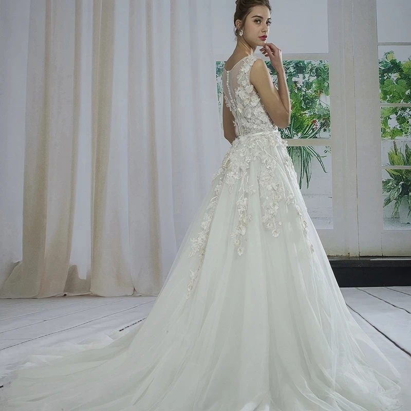 

20201 Beautiful Flower Lace Sexy Tulle Illusion Sleeveless Elegant Wedding Bridal Dress Layers Layers of Bridal Wedding Dress