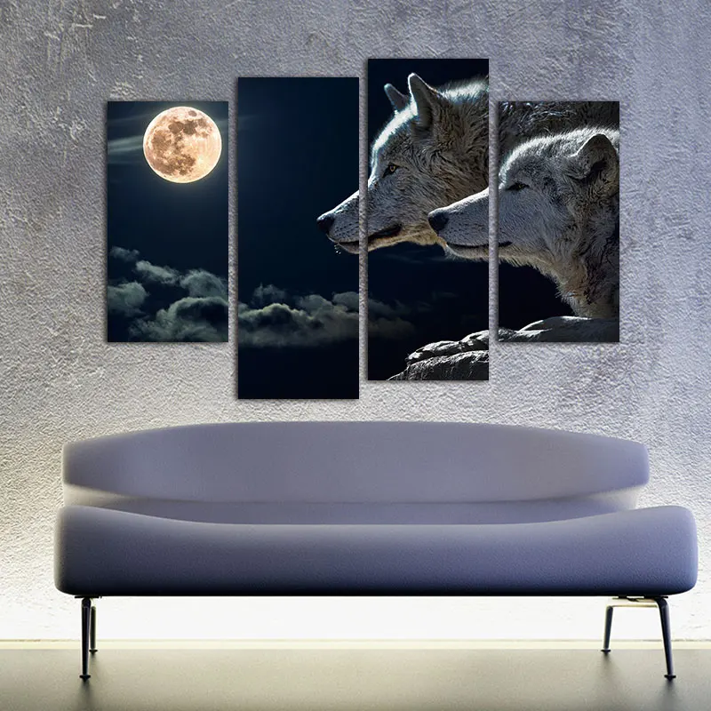4 панели Толстовка с принтом волк при лунном свете Настенная картина холст