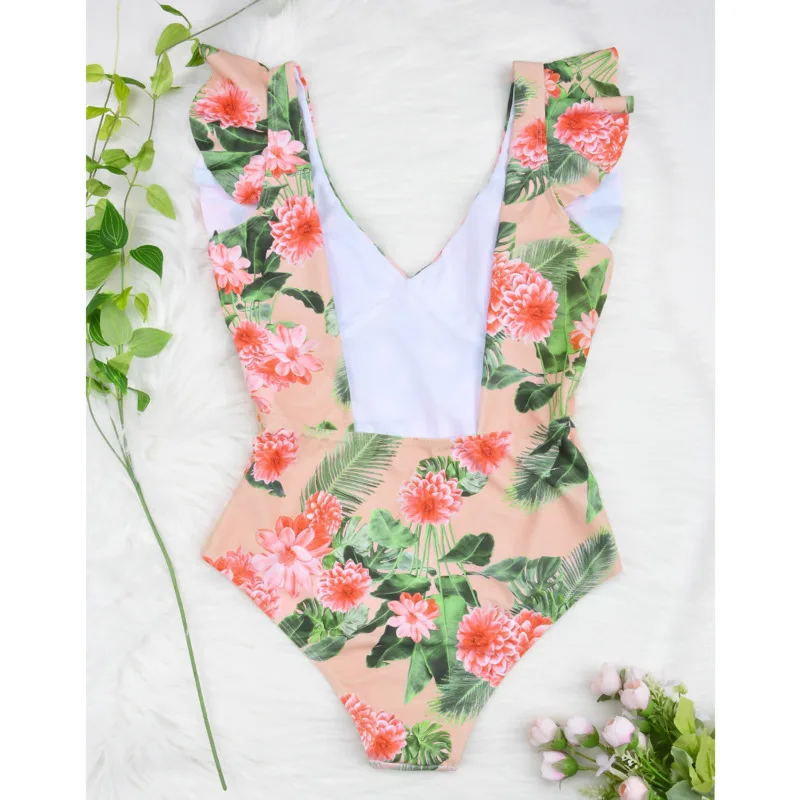 

Ruffle Floral Print One Piece Swimsuit Closed Female Swimwear Push Up Body Women Beach Swim Wear Bathing Suit Pool Bather 2021