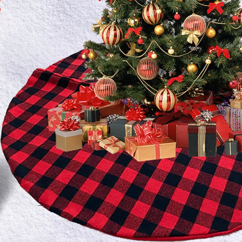 

Christmas Tree Skirt Red & Black Buffalo Check Plaid Cotton Mat Decoration Double Layers Ornaments for Xmas Holiday Party TJ6822