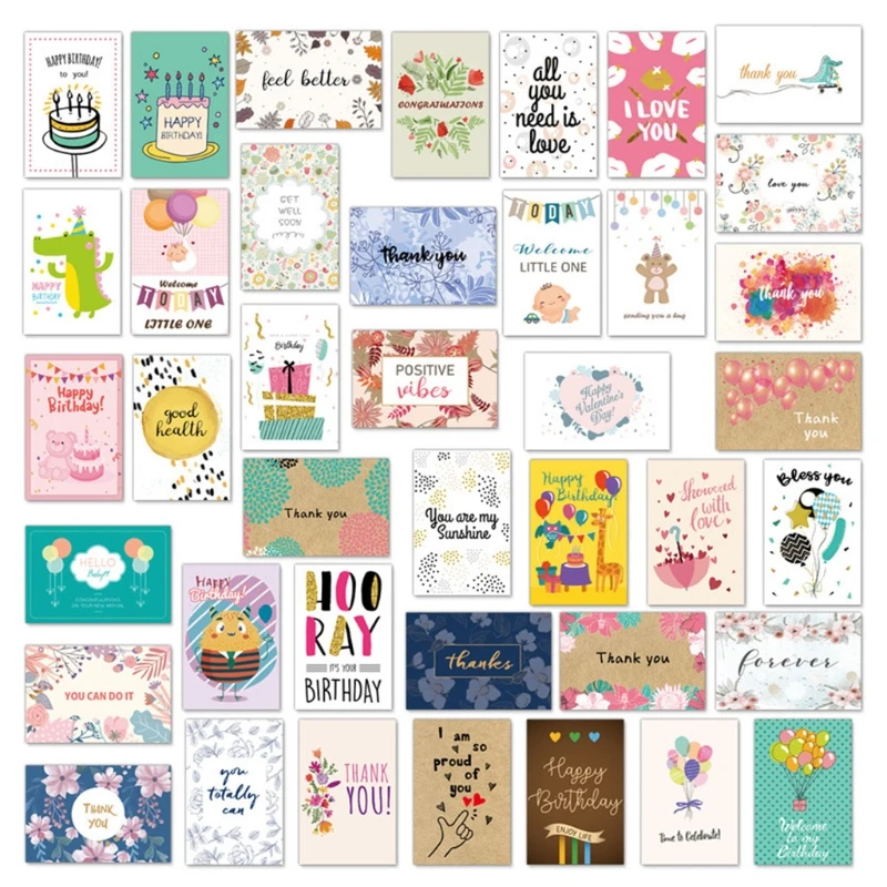 

40pcs Birthday Cards Assortment Greeting Card Postcards Invitations with Envelope Cute DIY New Year Cards Xmas Winter Happy Holi