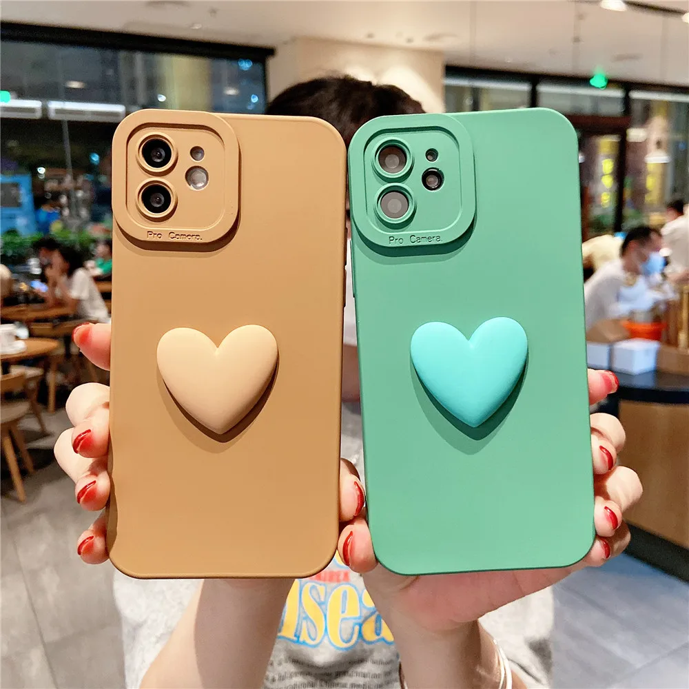 

Shockproof Silicone Phone Case for iPhone 13 Pro Max 12 11 XR XS 7 8 Plus SE 2020 Camera Lens Protect 3D Love Heart Back Cover