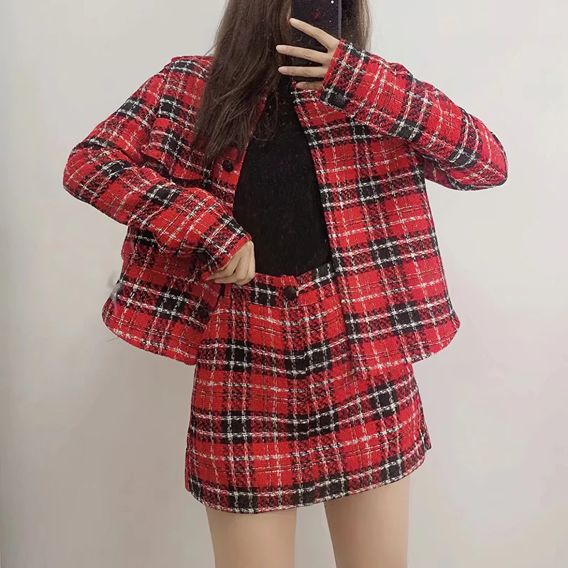 

Рождественские женские комплекты, красная клетчатая текстурированная Лоскутная однобортная рубашка с отложным воротником, куртки, коротк...