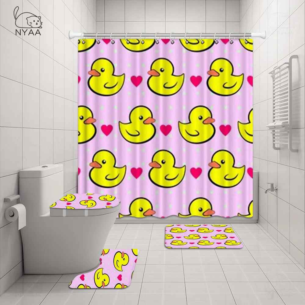 Comprare Simpatico Set Di Tende Da Doccia Per Bagno In Tessuto Impermeabile 4 In 1 Con Anatra Gialla Animale Con Tappeti Antiscivolo Per Tappeti