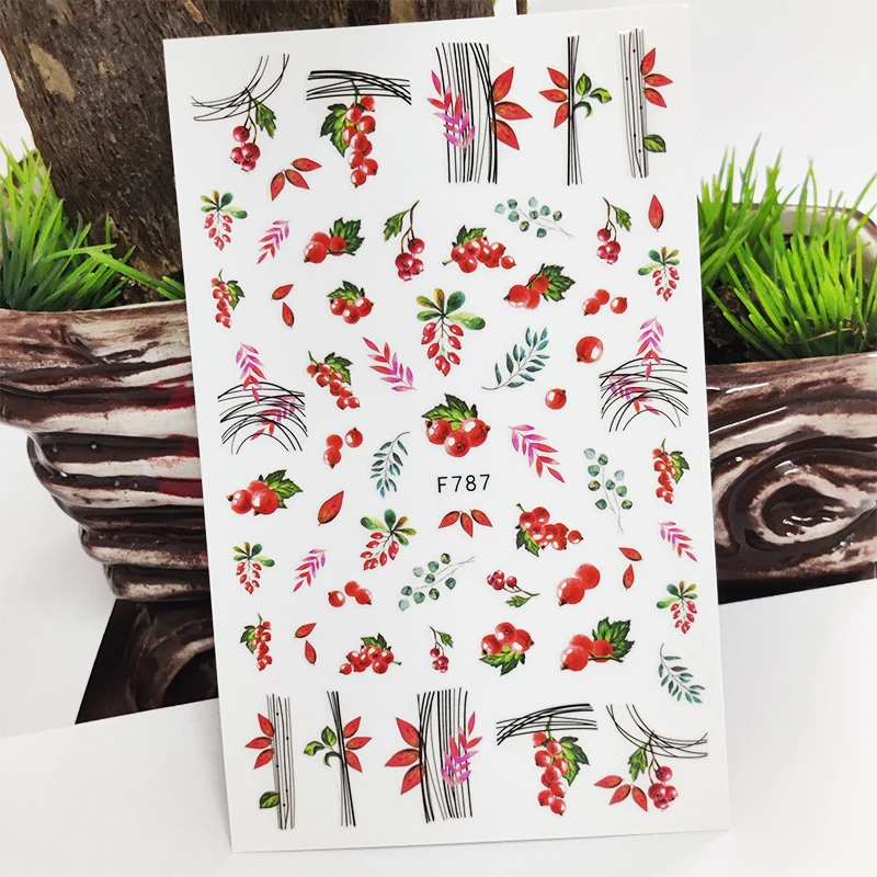 

3D Nail Stickers Red Fruit Lovely Line Grass Stickers for Nails Autumn Design Stickers for Manicure Decal Nail Art Decoration