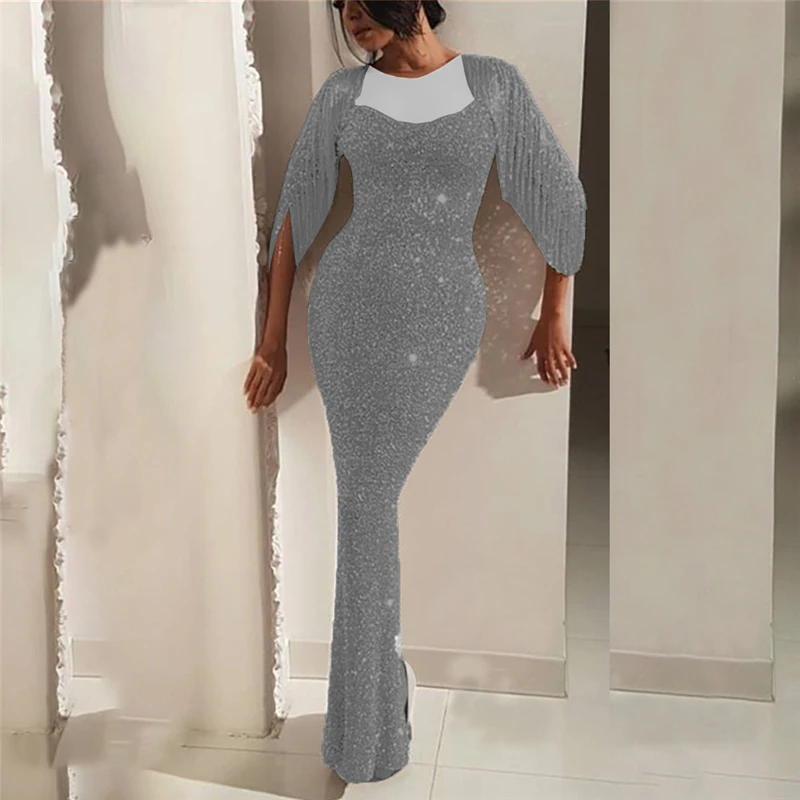 Elegant Ladies Long Fringe Bling Evening Party Fishtail Dress Short Sleeve Gowns Formal Reflective Dresses | Женская одежда