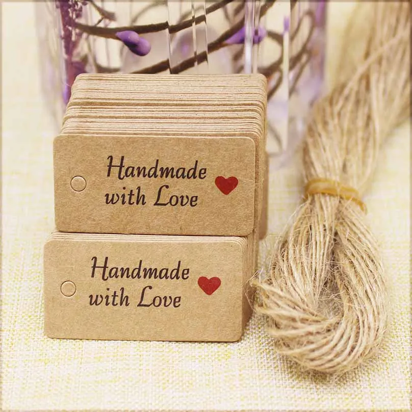100 шт. крафт-бумажные этикетки с завязками ручной работы надписью Love для одежды