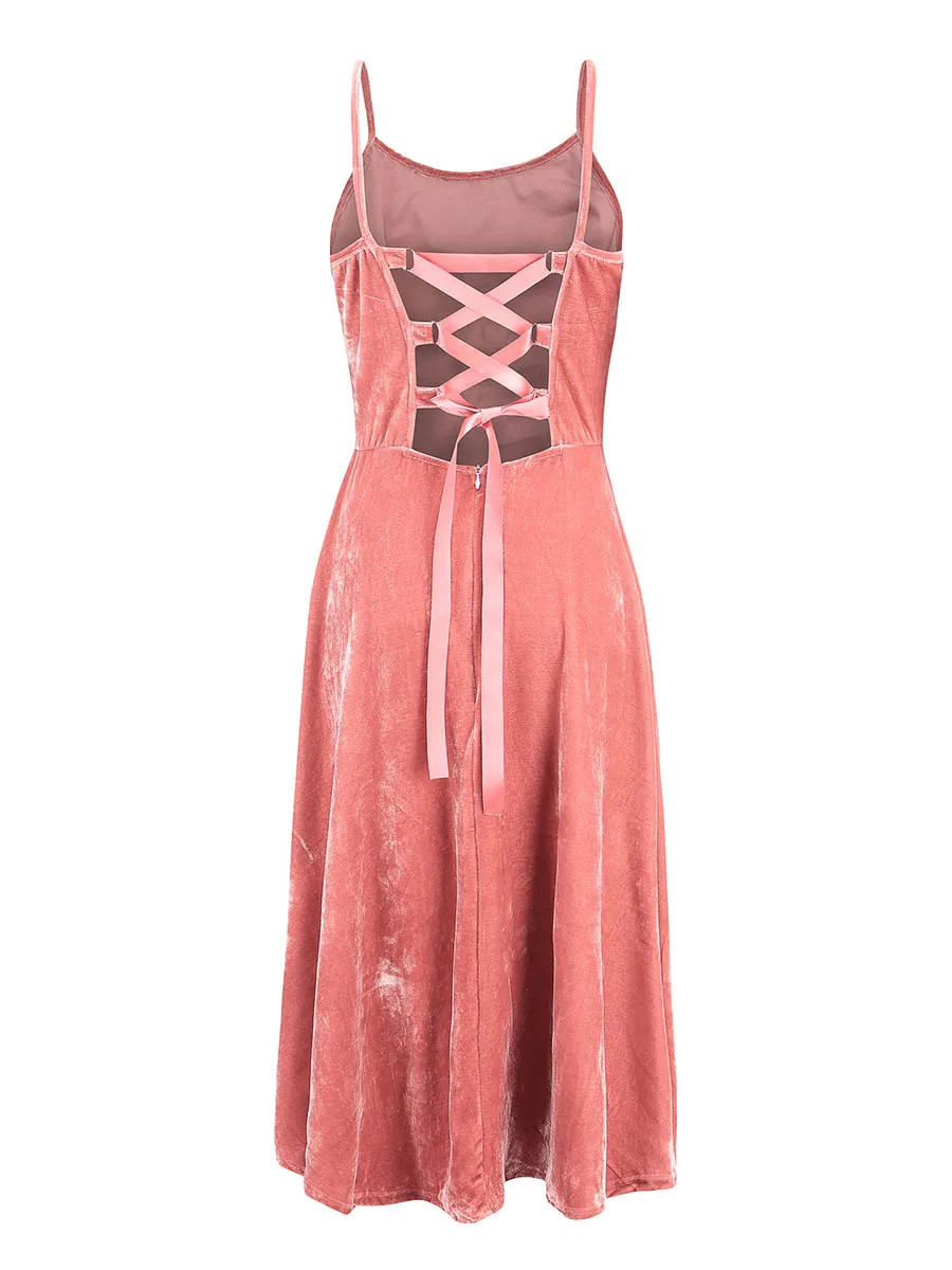 

Sale Women Velvet Dress Sexy Straps Cross Backless Elegant Party Strap Dresses Retro A Line Maxi Vestido High Waist Plain Dress