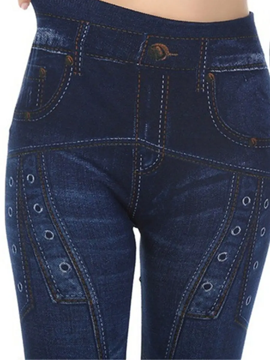 

Female Imitation Cowboy Leggings Buttonhole Seamless Printing Motion Pants Carry Buttock Show Thin Keep Warm Little Feet Pants