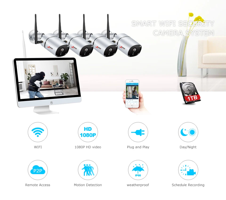 H.265 CCTV 12 дюймов lcd 1080P 4CH NVR комплект монитор 36 IR Открытый IP wifi камера видеонаблюдения безопасности Беспроводная система комплект 1 ТБ HDD
