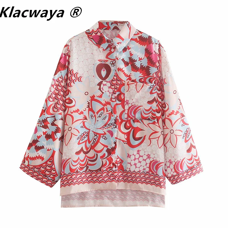 

Klacwaya Women 2021 Vintage Totem Floral Print Casual Loose Shirts Female Long Sleeve Kimono Blouse Roupas Chic Blusas Tops