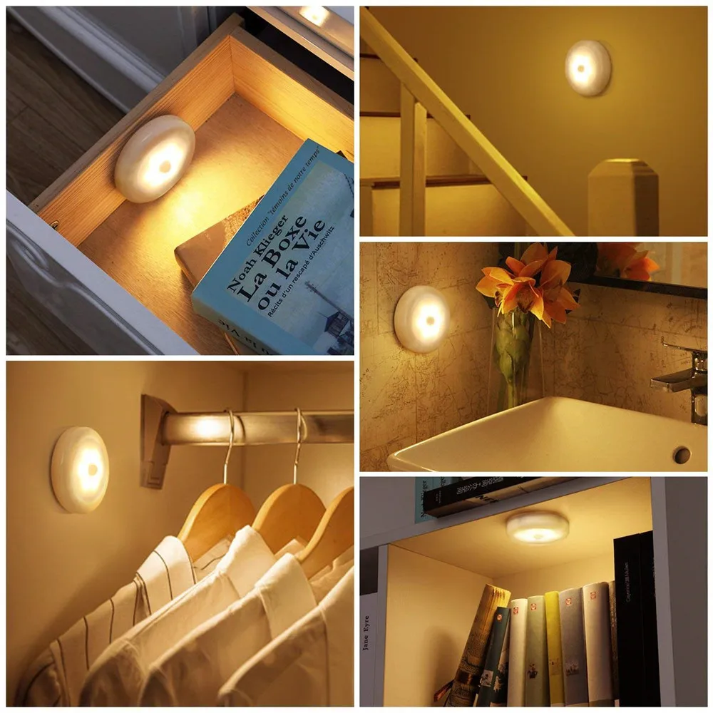Wireless Round Motion Sensor LED Night Light Battery Powered Cabinet Night Lamp Bedside Lights For Bedroom Home Closet Lighting images - 6