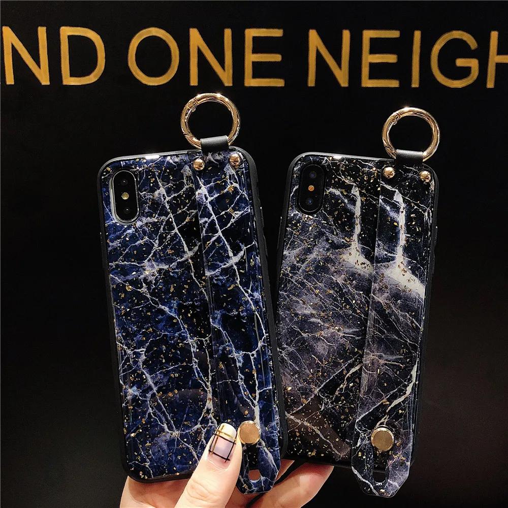 Fashion Bling Wrist Strap Cases For IPhone 7 Gold Foil Granite Marble Phone Case for iPhone X XS Max XR 6S 8 Plus Cover Fundas |