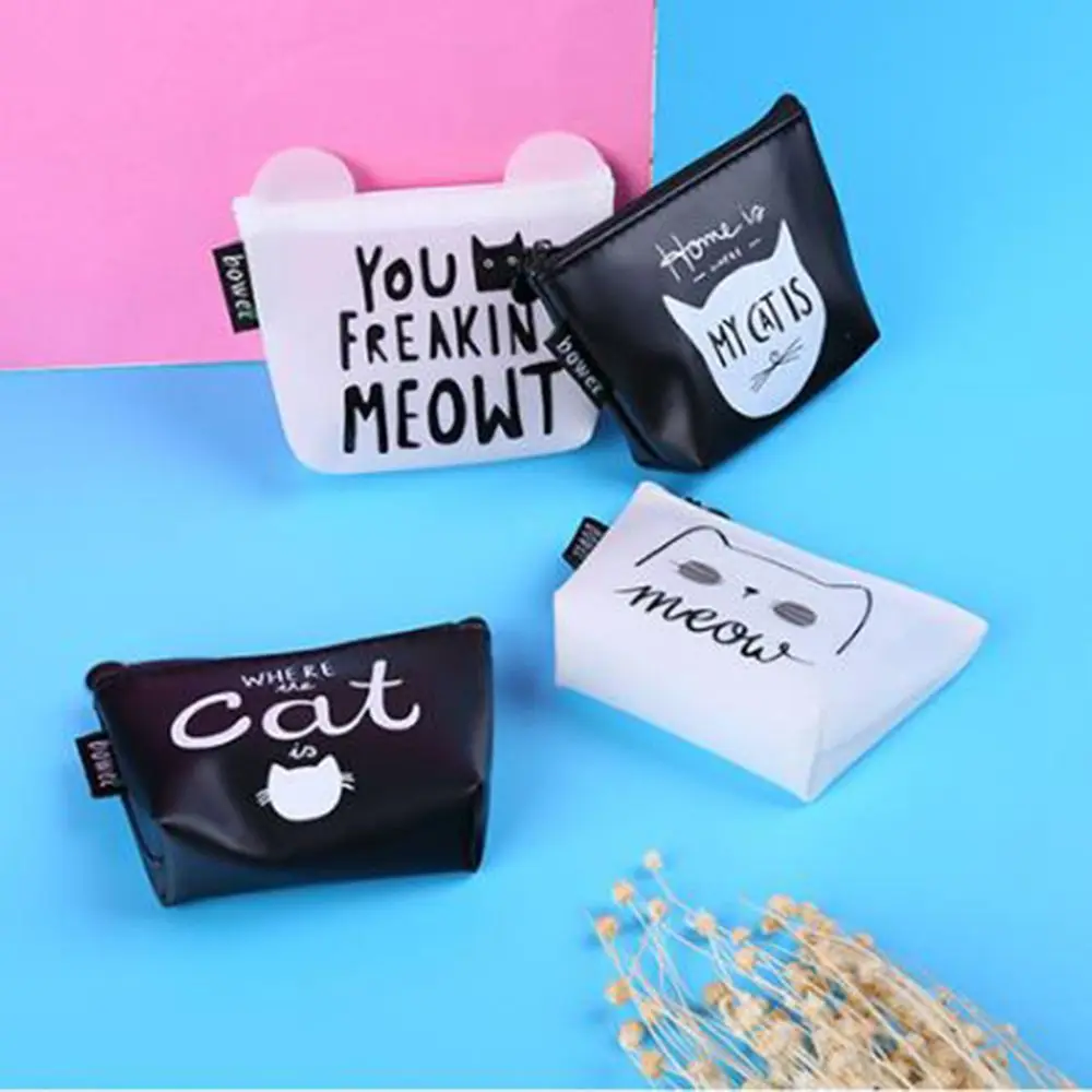 

Кошелек для монет для девочек, милый кошелек с узором в виде кошачьих ушек, компактный клатч на молнии для женщин, косметичка черного и белог...