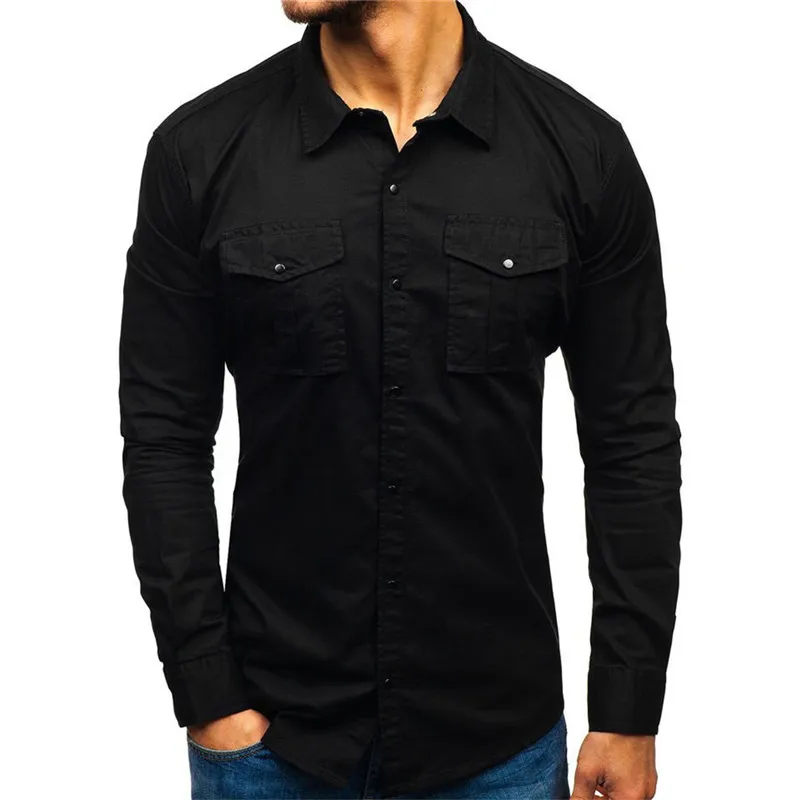 Рубашка мужская в стиле милитари хлопок длинный рукав Карго приталенная на