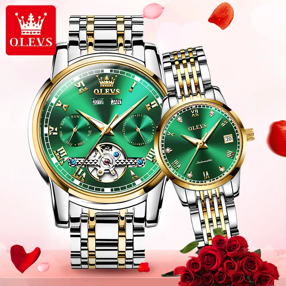 OLEVS Fashion Couple Watch Brand Luxury Automatic Mechanical Watch Stainless Steel Waterproof Couple Clock relogio masculino