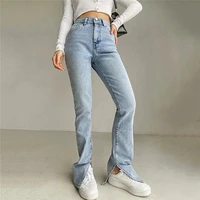 straight jeans for women high waist classic retro sexy washed pants blue splits at ankles slim denim long pante 2021