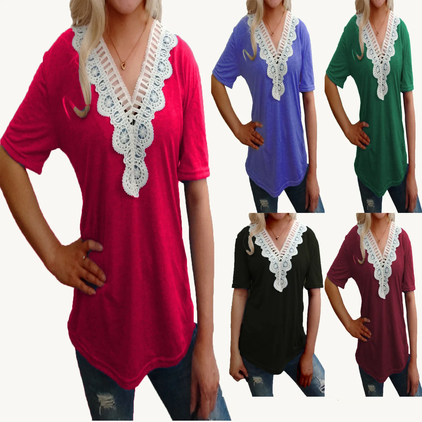 Женская футболка с v-образным вырезом Повседневная и свободная кружевом лето 2020 |