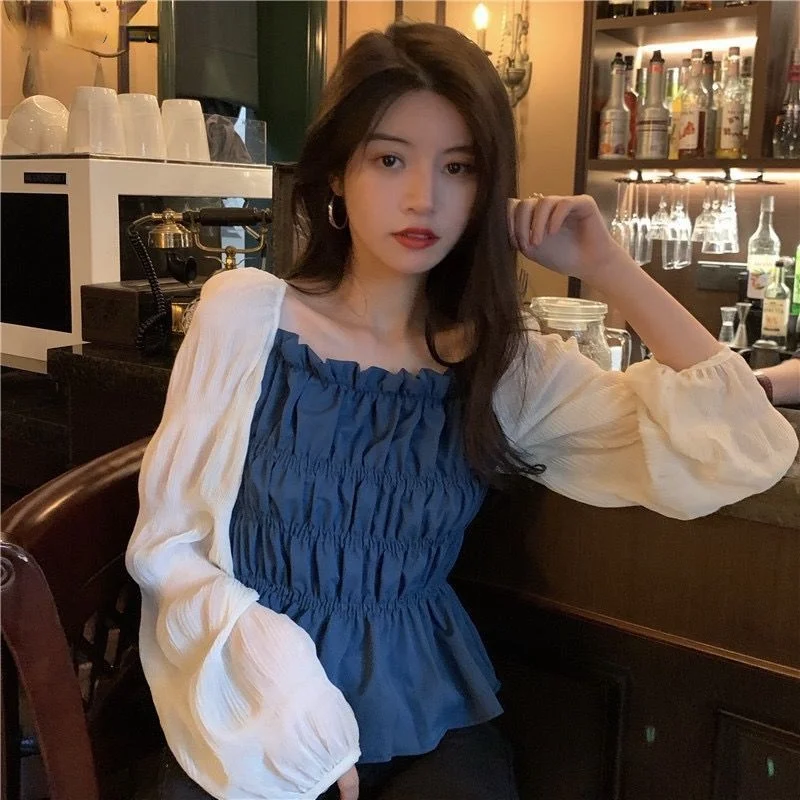

Blouse Women Flare Sleeve Sexy Ladies Clothes Ruffles Square Collar Design French Style Students All-match Teens Popular Shirts