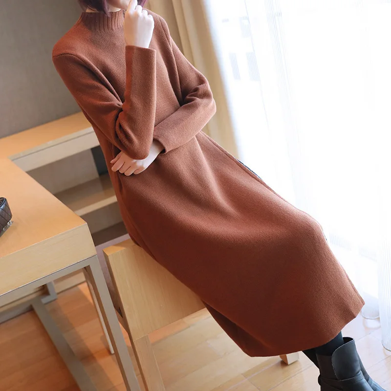 Женское кружевное платье LANMREM трикотажное с высоким воротом длинным рукавом и