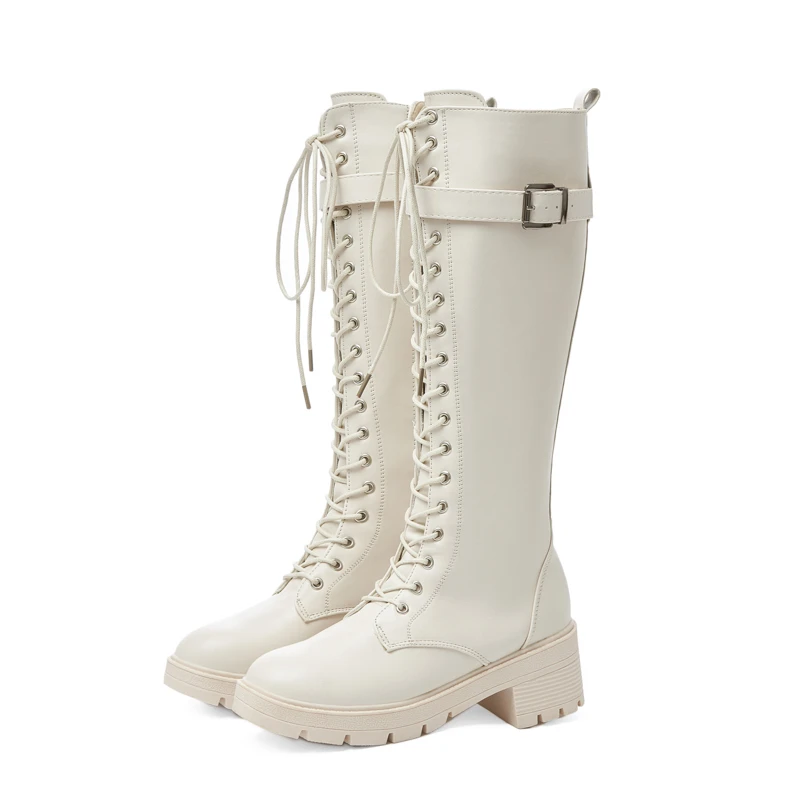 Женские сапоги до колена на платформе осенне-зимние из искусственной кожи