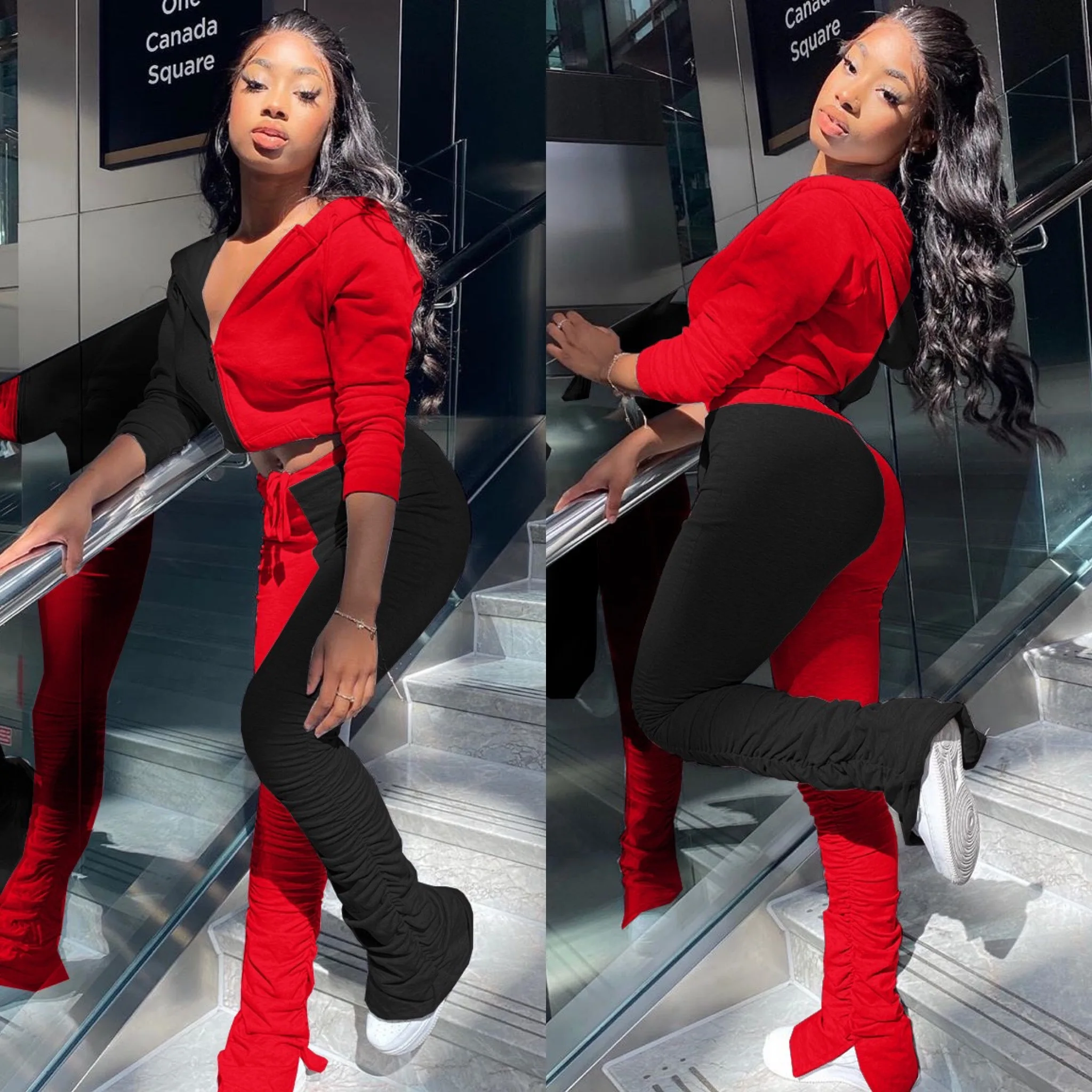 

Женский спортивный костюм с капюшоном, повседневный комплект из двух предметов в стиле пэчворк, пальто и спортивные штаны, Осень-зима 2020