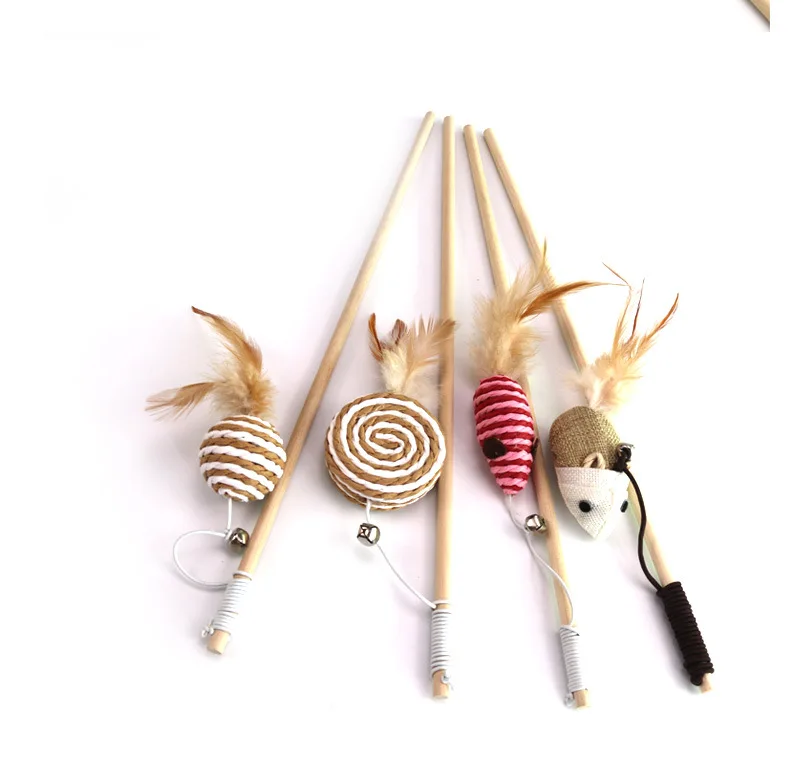 

40cm Wood Pet Toys Cat Teaser Rod Interactive Funny Cat Rod Linen Knitted Stick With Mini Bell Cat Accessories Pet Supplies