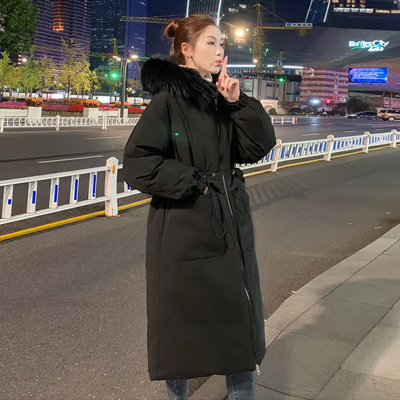 

Winter Down Padded Jacket Women Mid Long Cotton Coat Korean Loose Outerwear Big Fur collar Fashion Jackets Hooded Female Parka